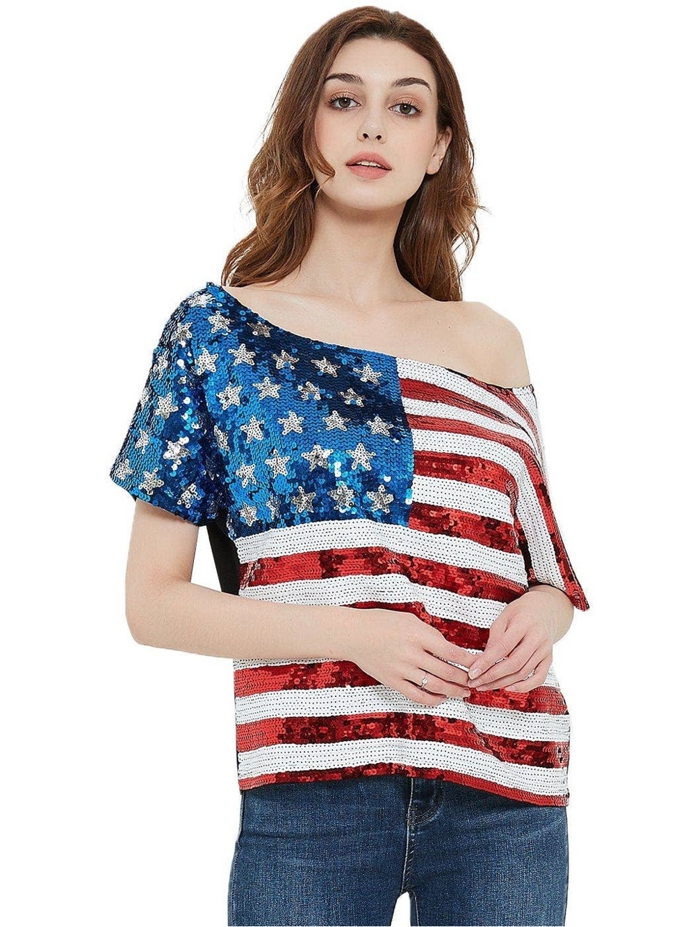 USA Sequin Off-Shoulder American Flag Metallic Sequin Blouse - Red/White/Blue
